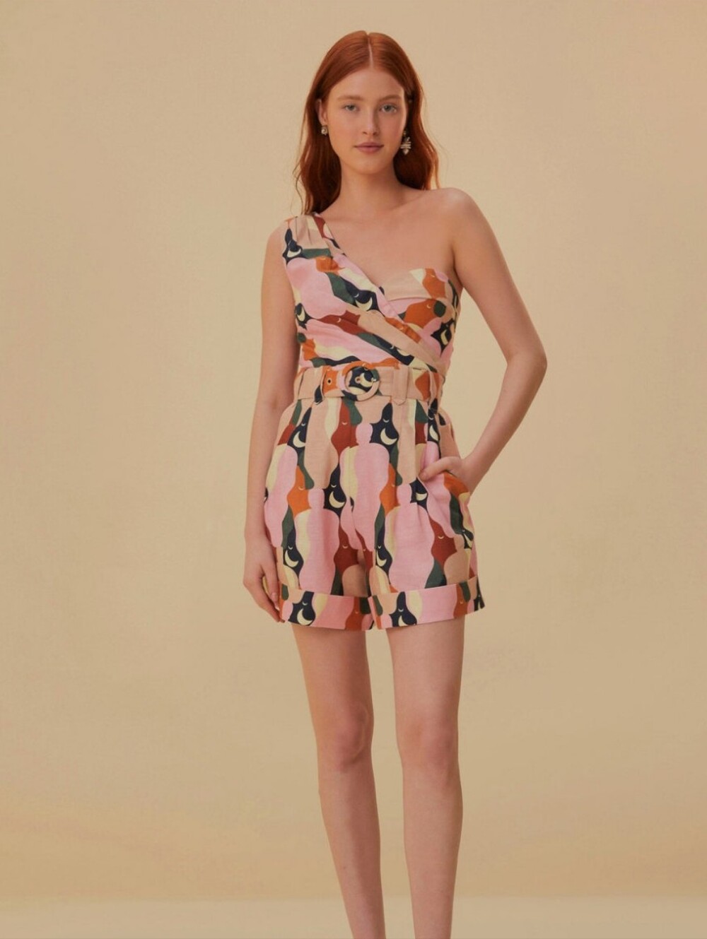 FARM Rio One-Shoulder Pink Multi-Color Belted Romper - Picture 8 of 8